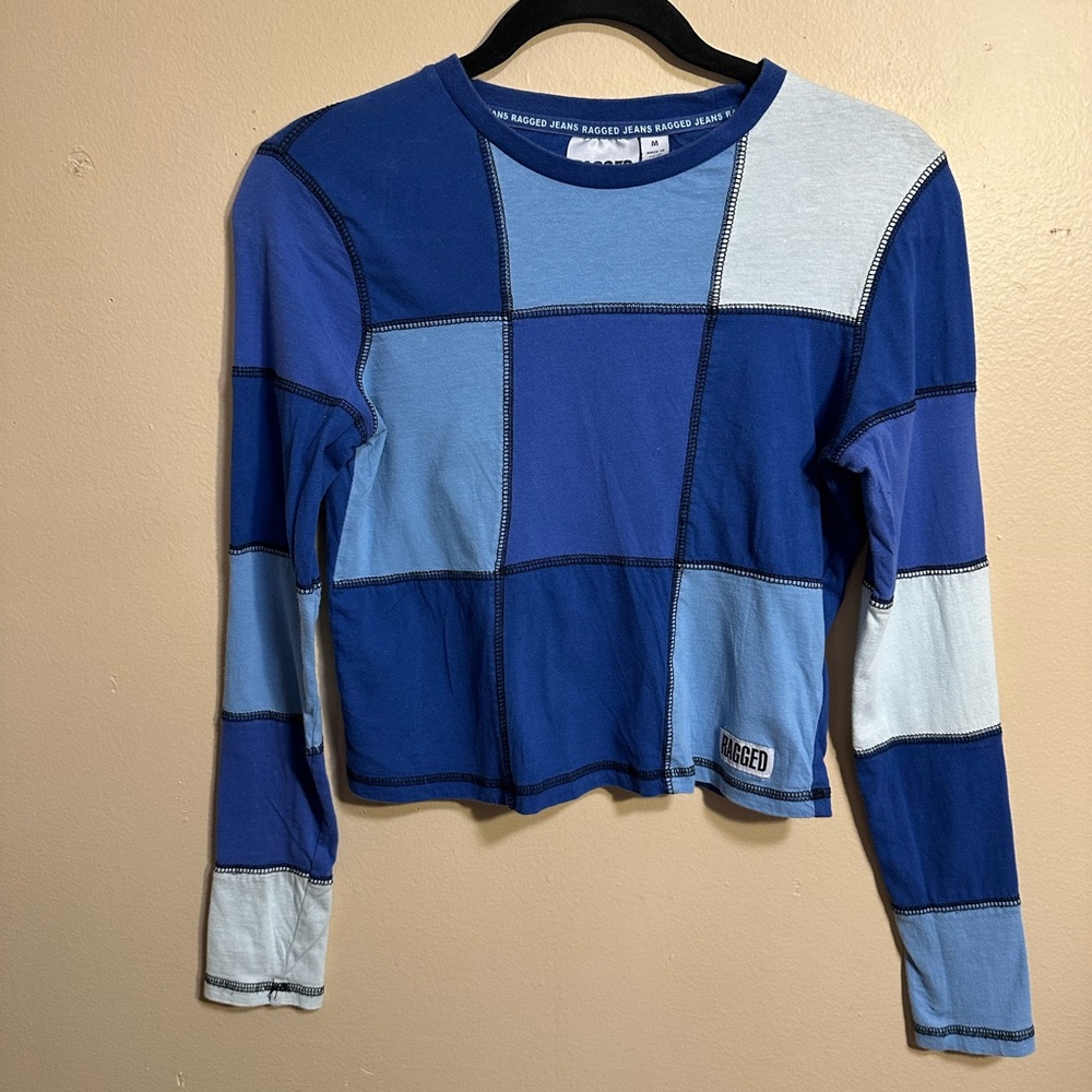 Ragged Jeans Blue Patchwork Crop Top, Long Sleeve Colorblock Tee, Size M